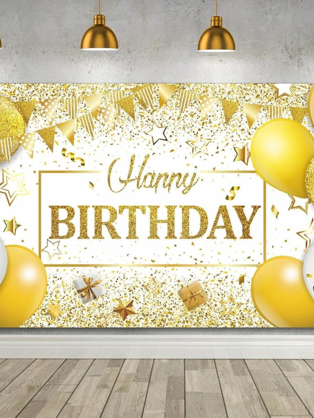 Happy Birthday Banner Backdrop Decoration for Men Women, White Gold